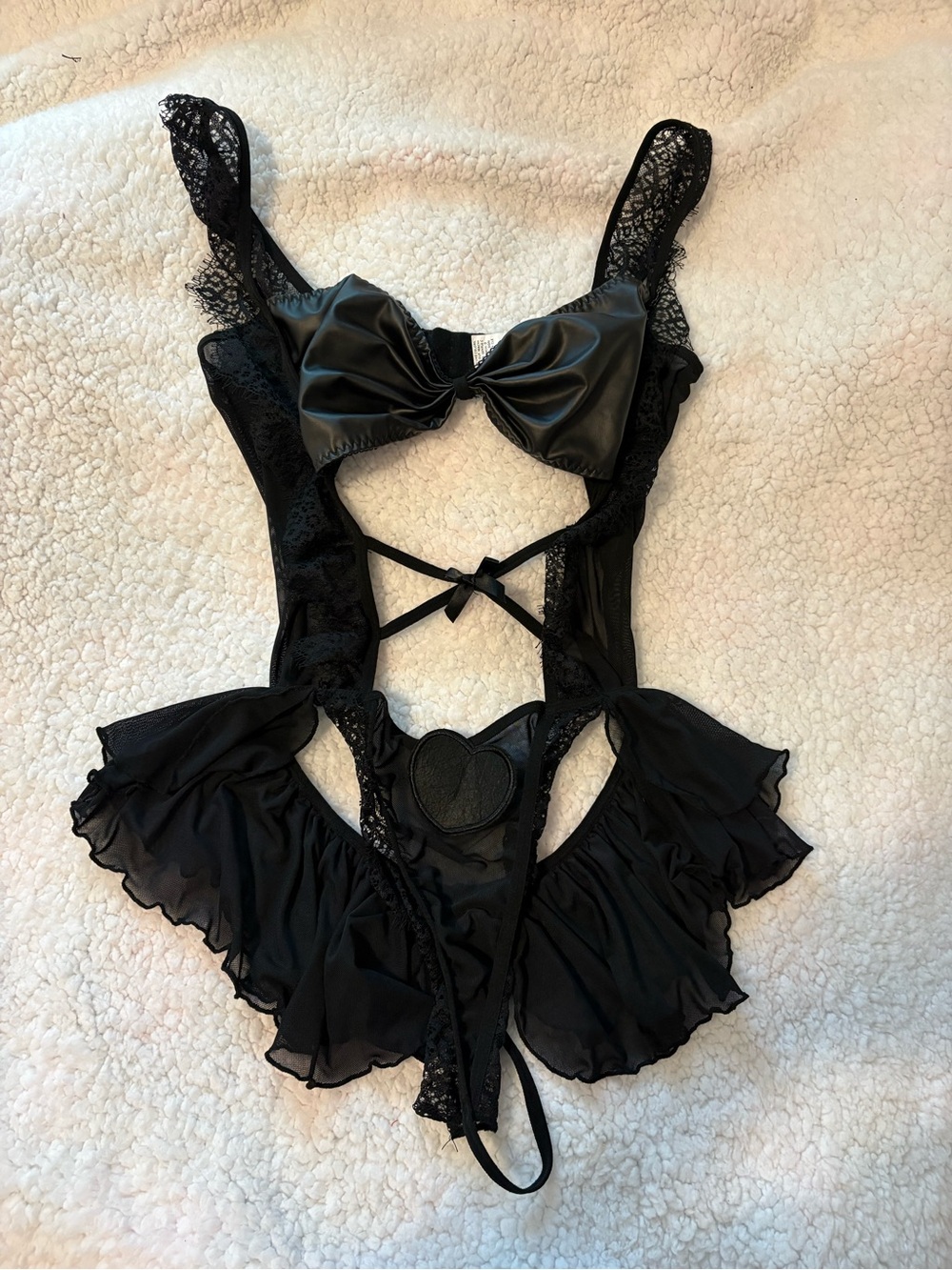SHEIN Black Lace & Satin Ruffle Teddy with Heart Detail